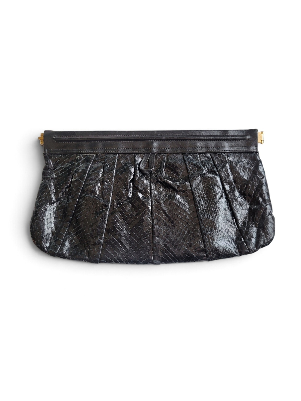 Vintage Jane Shilton Snakeskin And Leather Clutch Black Brass Frame